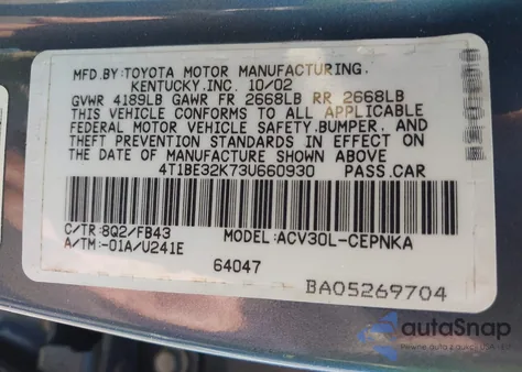 2003 Toyota Camry Le z USA, uszkodzony, nr VIN 4T1BE32K73U660930